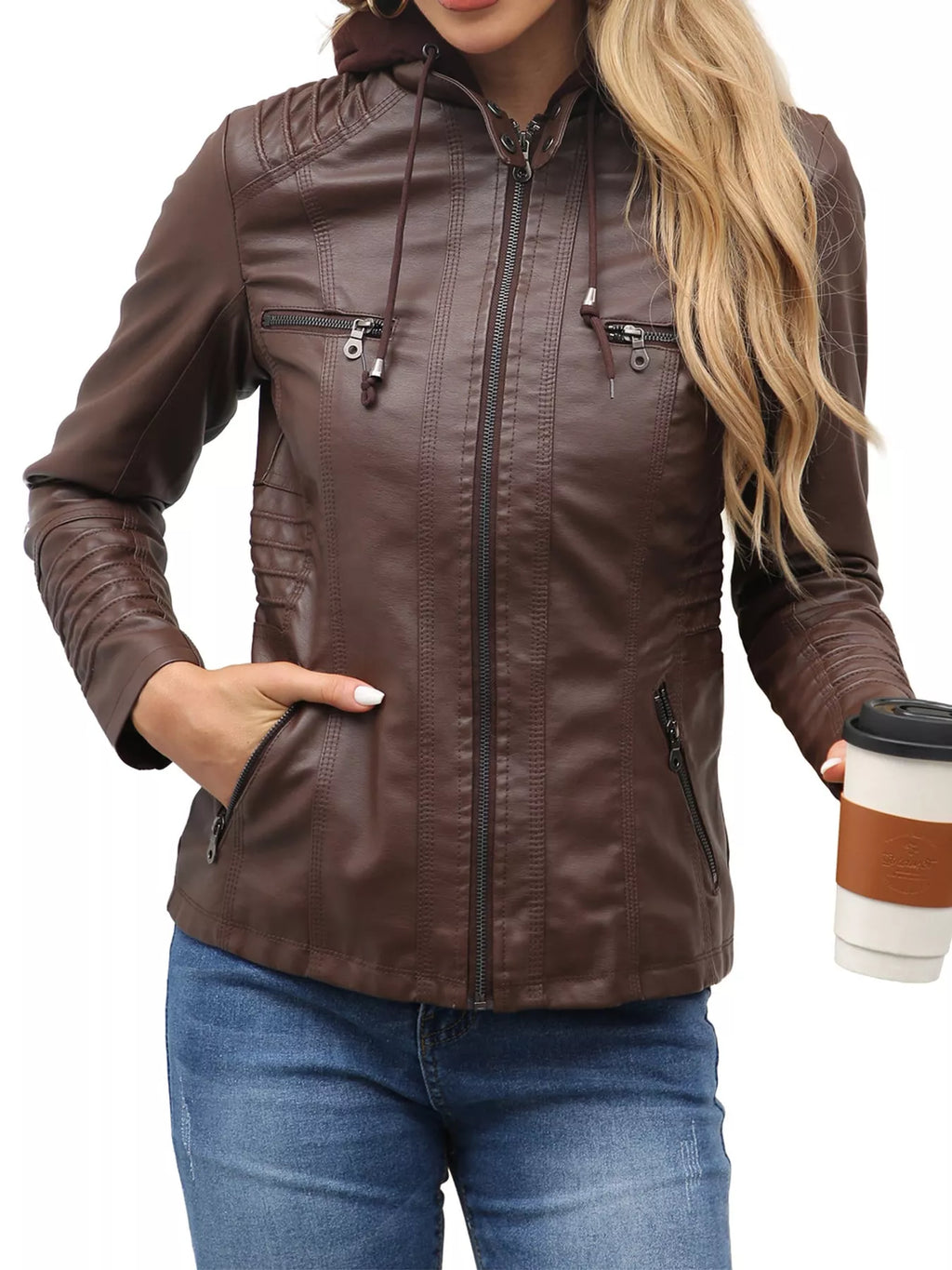 Full Size Detachable Hooded Faux Leather Moto Jacket Plus Size