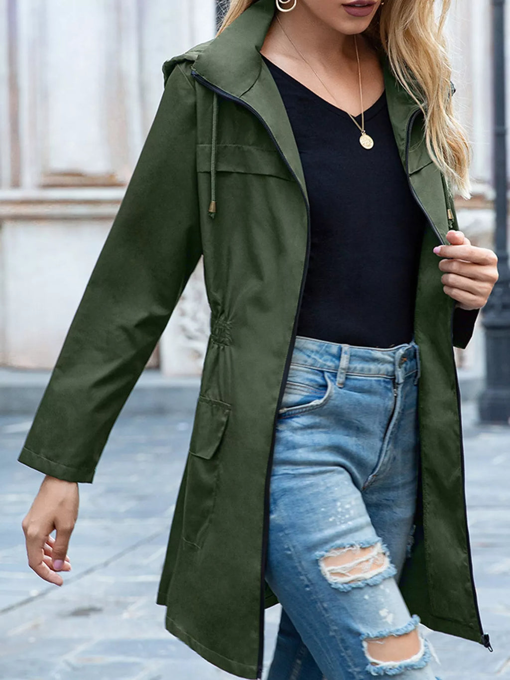 Zip Up Drawstring Waist Hooded Jacket