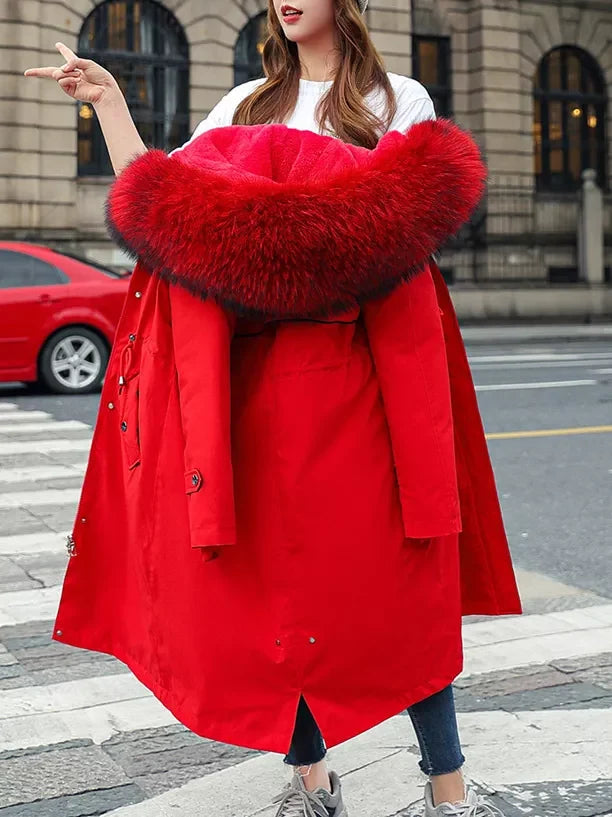 Detachable Longline Hooded Parka with Faux Fur Trim and Drawstring Waist