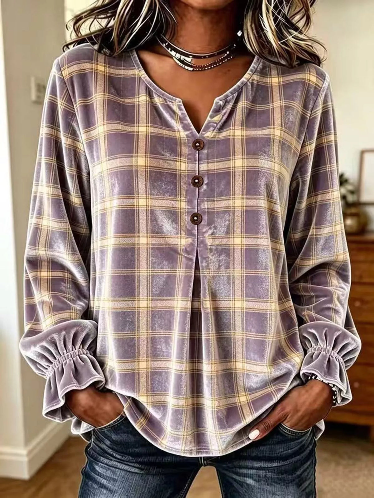 Full Size Plaid Velvet Flounce Sleeve Blouse Plus Size