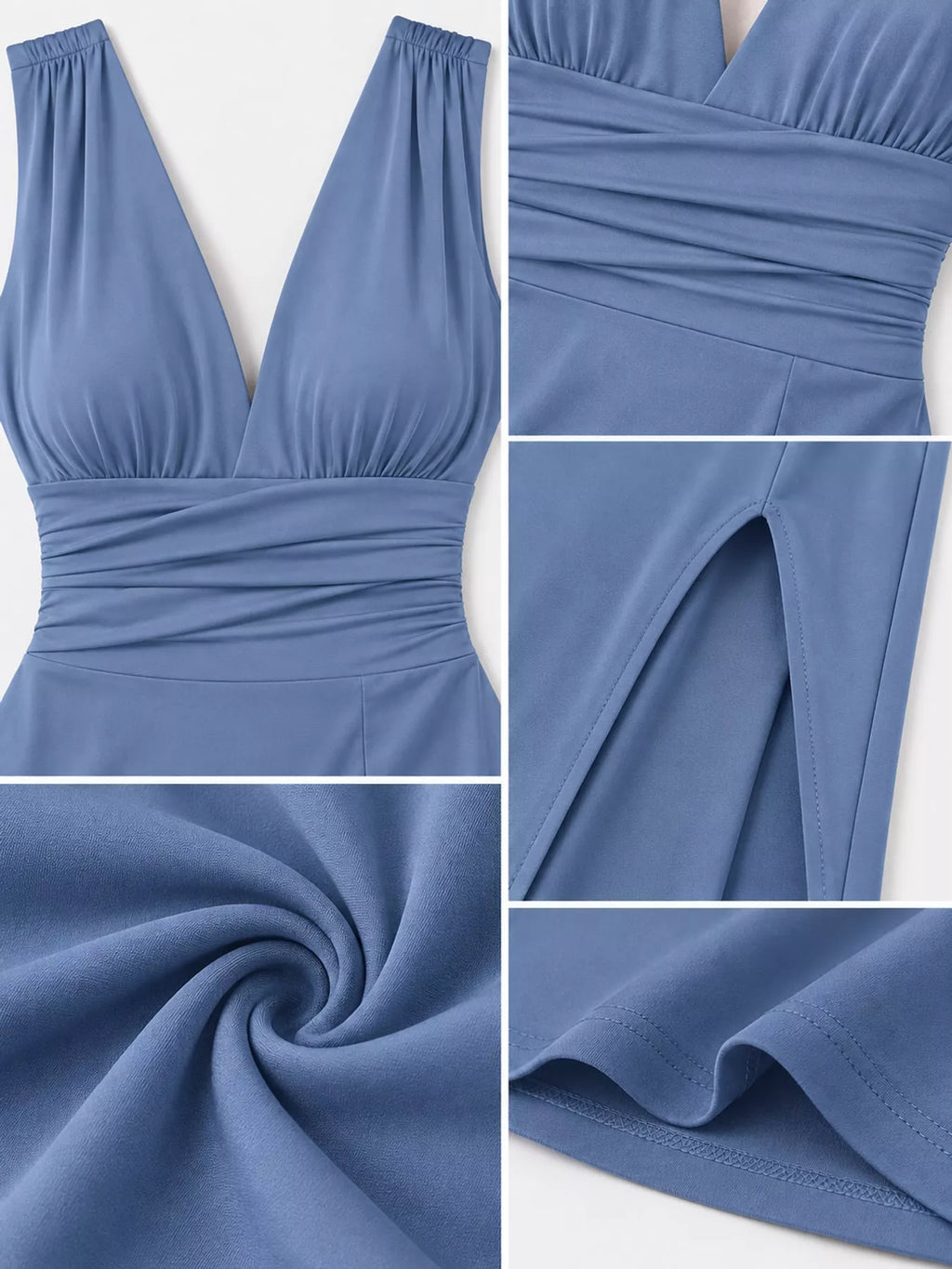 Sleeveless Deep V-Neck Ruched High Slit Bodycon Dress