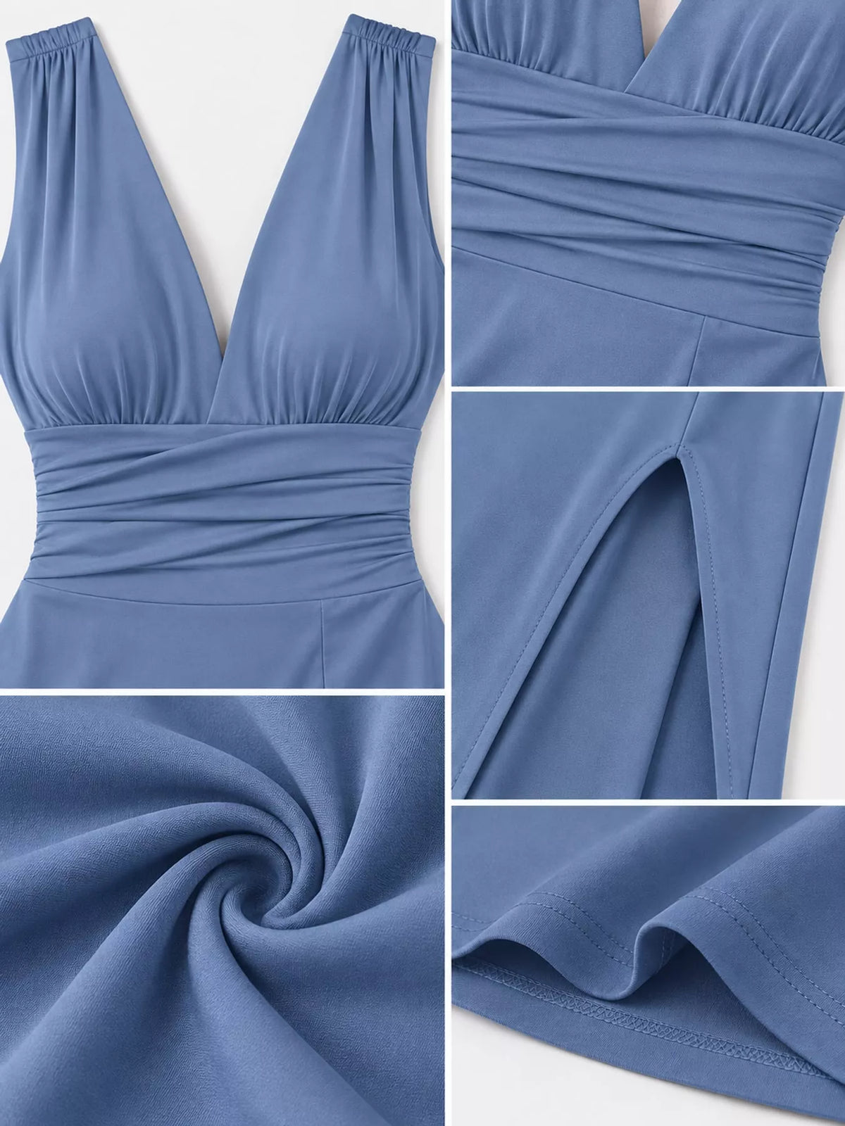 Sleeveless Deep V-Neck Ruched High Slit Bodycon Dress