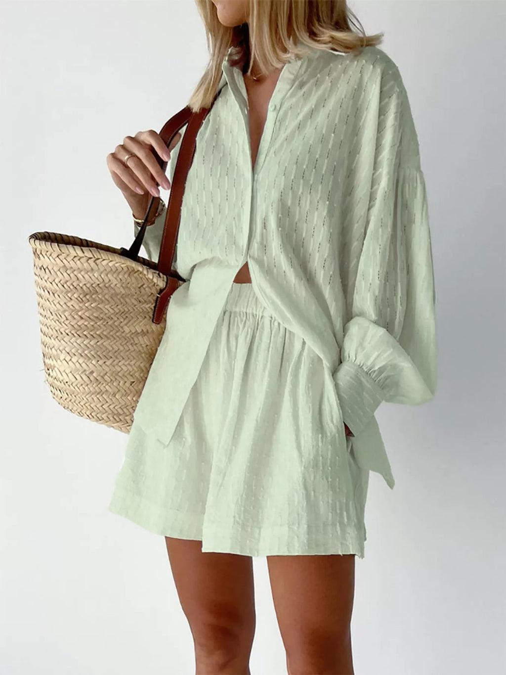 Textured Button-Down Shirt and Shorts Set