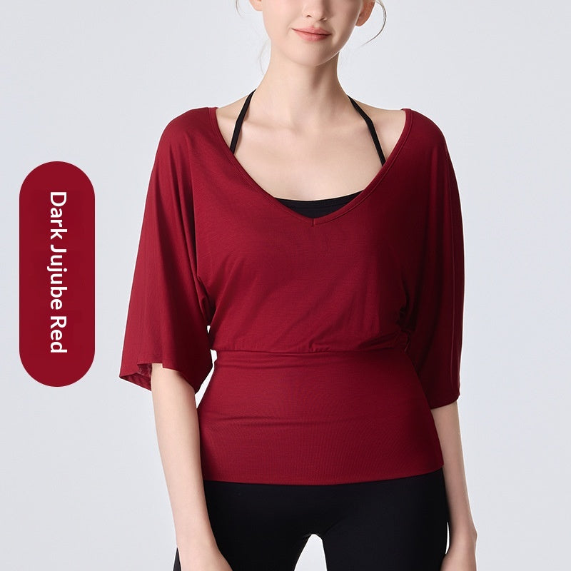 Women's Fitness Yoga Clothing, Fashionable Loose-fitting Short-sleeve T-shirt With Drape Effect, Waist-cinching Casual Style Top For Daily Wear