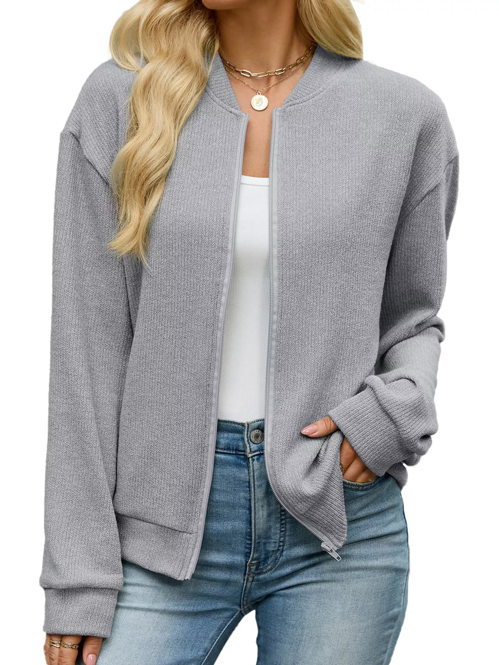 Zip-Up Dropped Shoulder Top