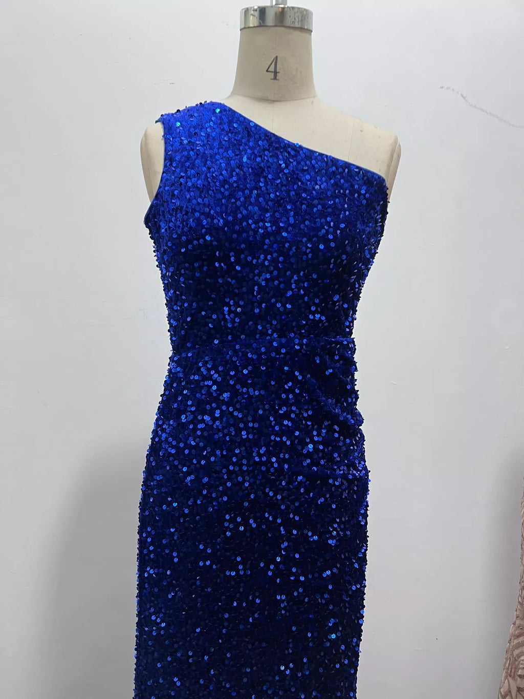 One-Shoulder Ruched Sequin High-Slit Evening Dress