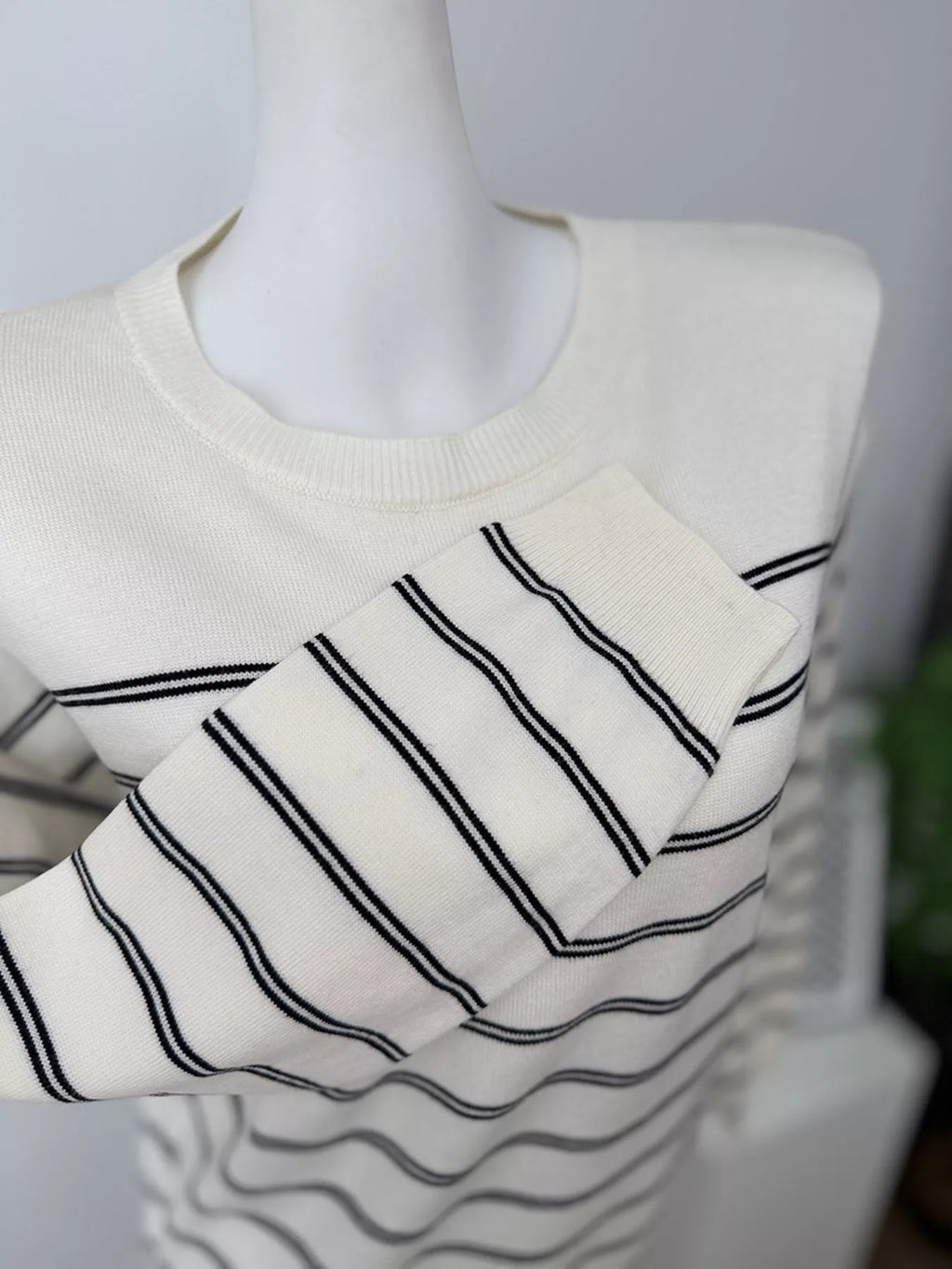 Classic Striped Crewneck Knit Top with Layered Sweater Detail