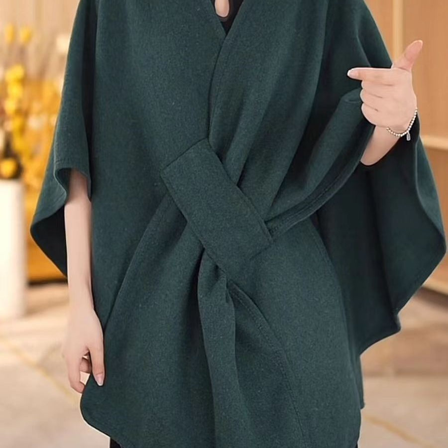 Faux Fur Collar Pom Pom Knitted Cardigan Cape - Women's Warm Winter Shawl Wrap Coat