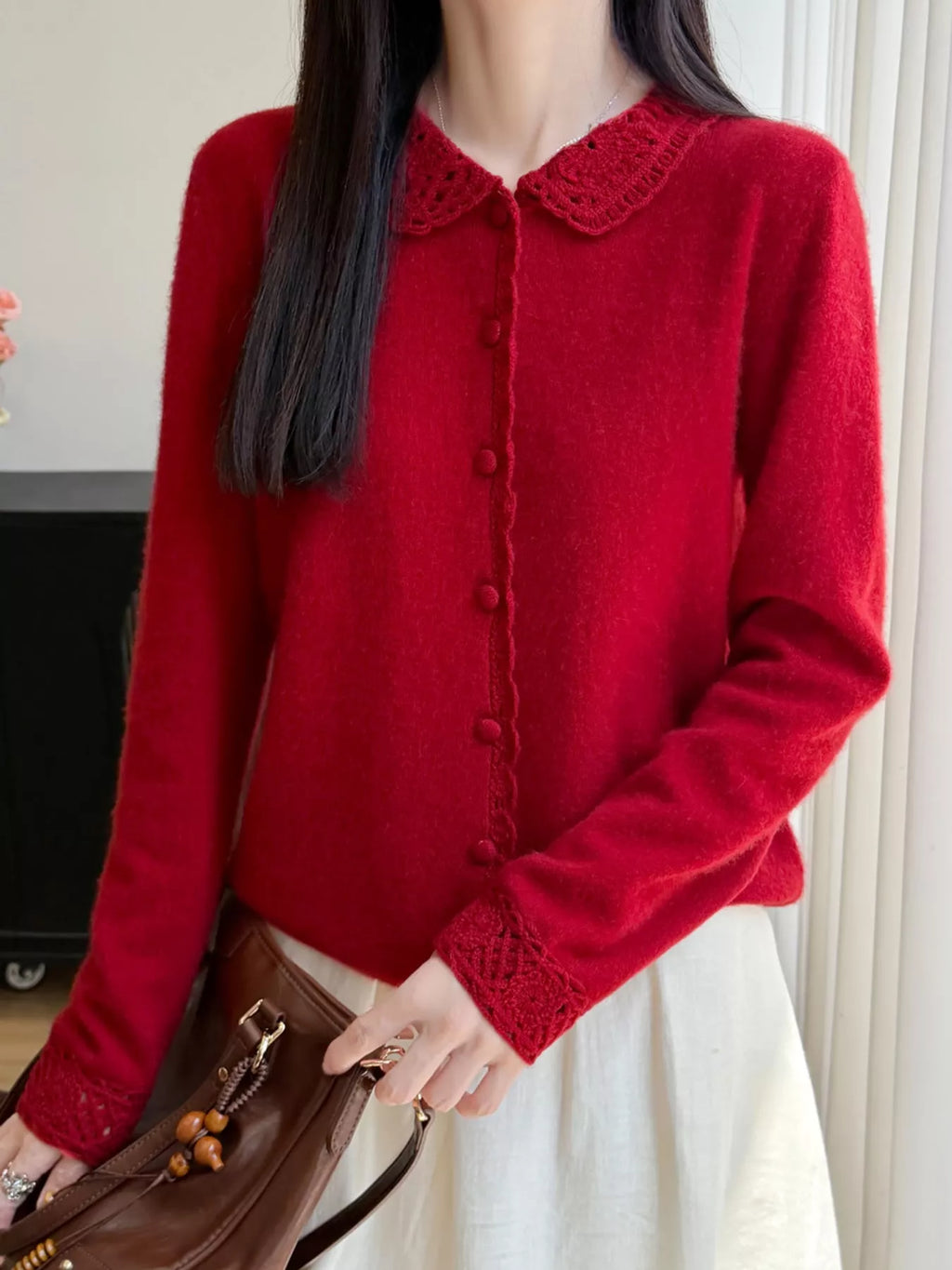 Lace-Collar Button Down Knit Cardigan