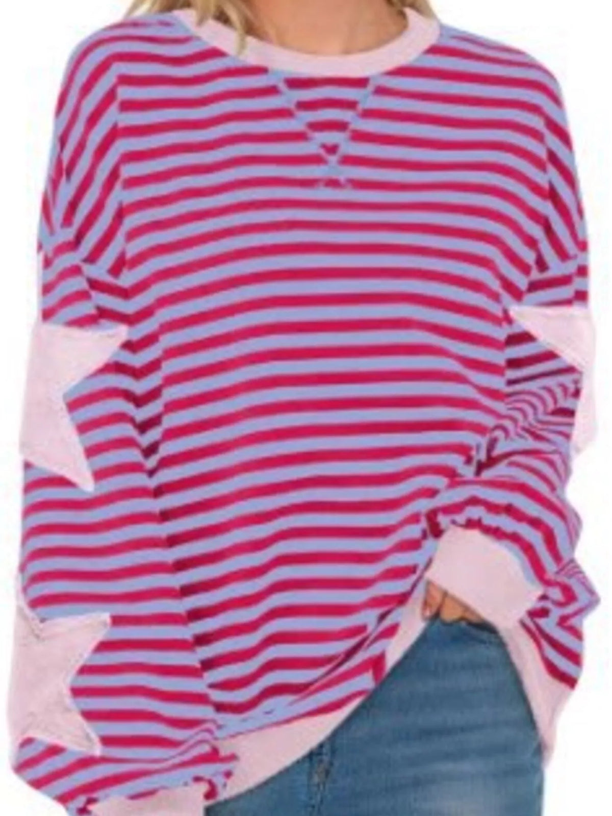 Full Size Star Patch Striped Oversized Sweatshirt Plus Size