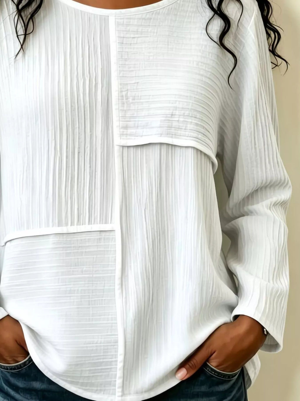 Textured Patchwork Long Sleeve Casual T-Shirt