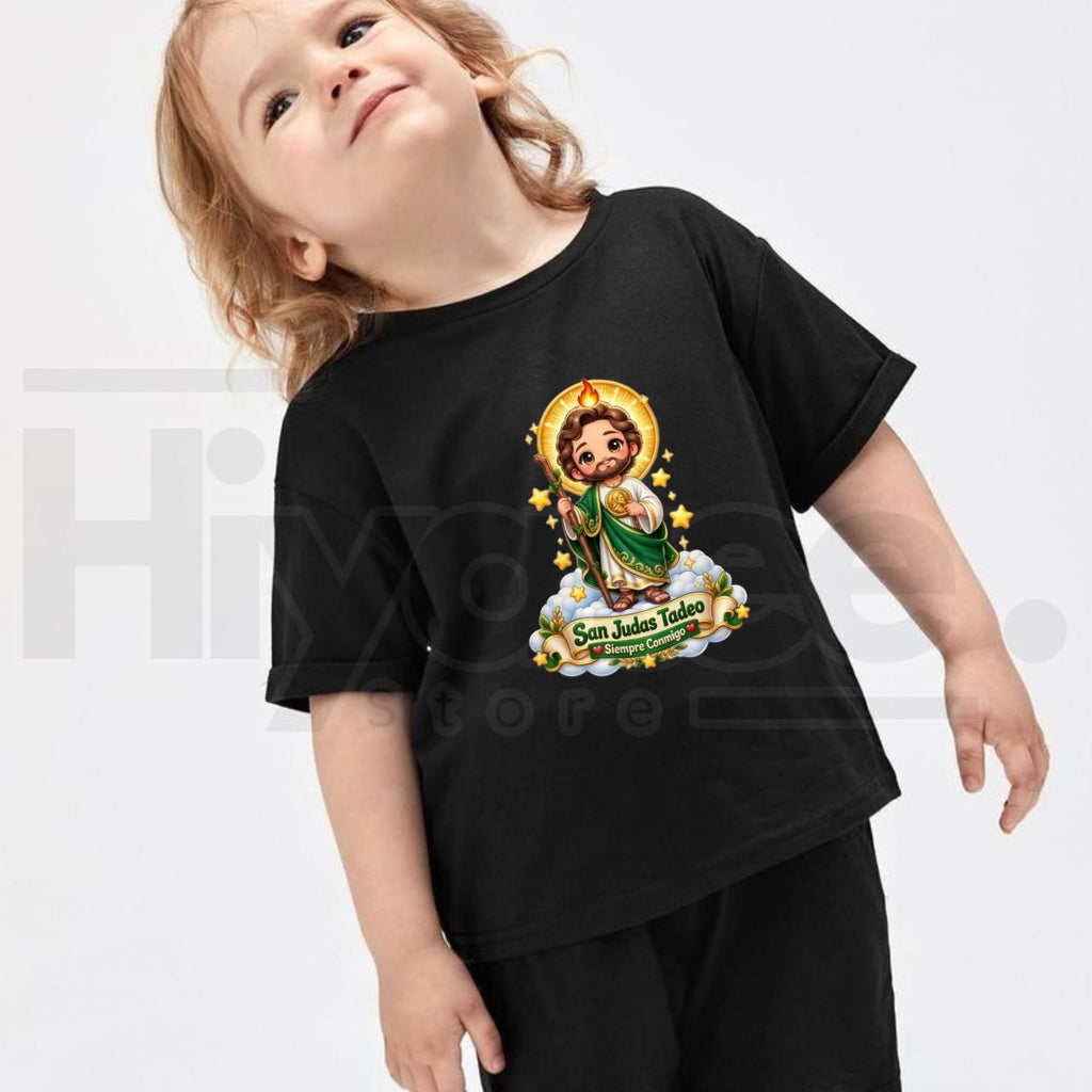 San Judas Tadeo Siempre Conmigo Kids T-Shirt – Cute Chibi Saint Jude Cloud Graphic Tee