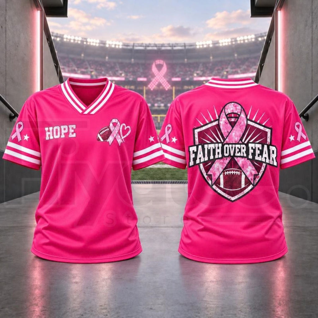 Breast Cancer Awareness Football Jersey – Pink Ribbon V-Neck Game Day Top