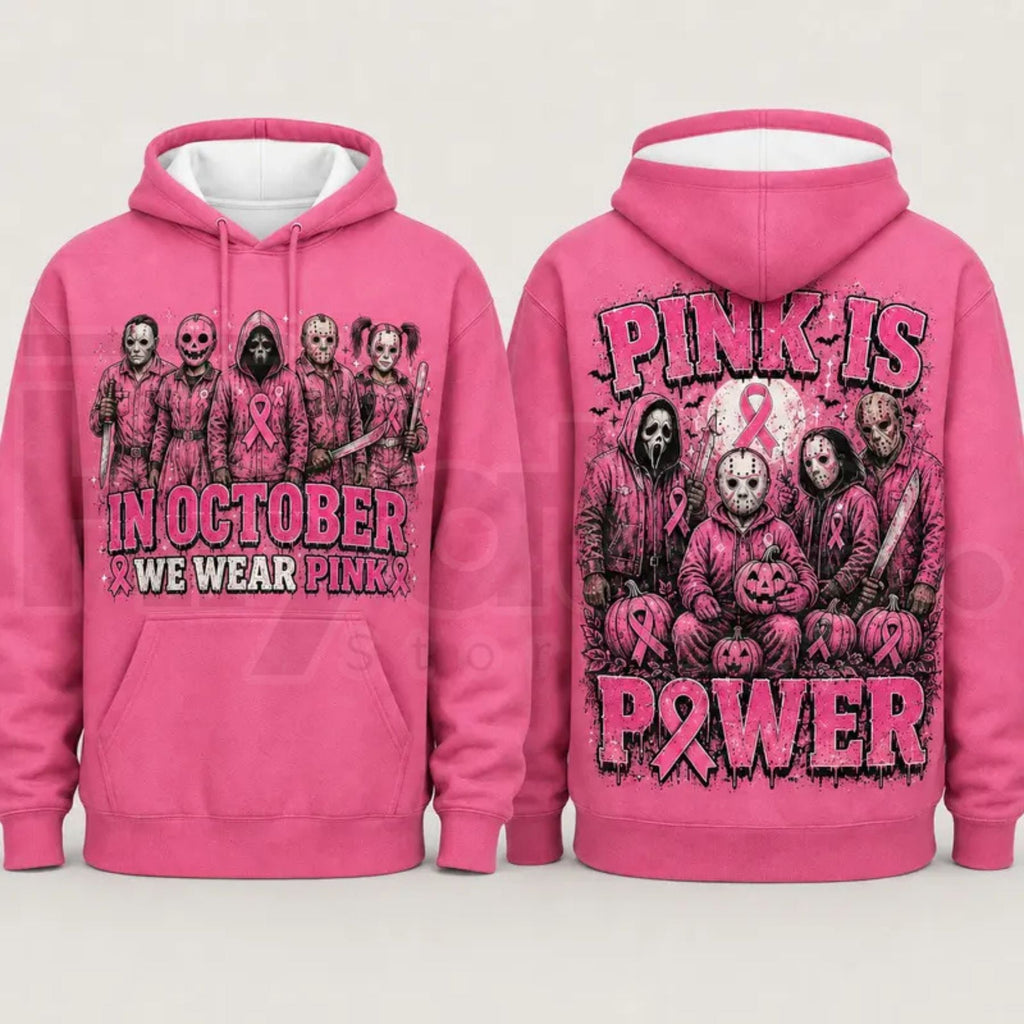 Pink Horror October Hoodie – In October We Wear Pink Scary Movie Character Pumpkin Bat Graphic Pullover