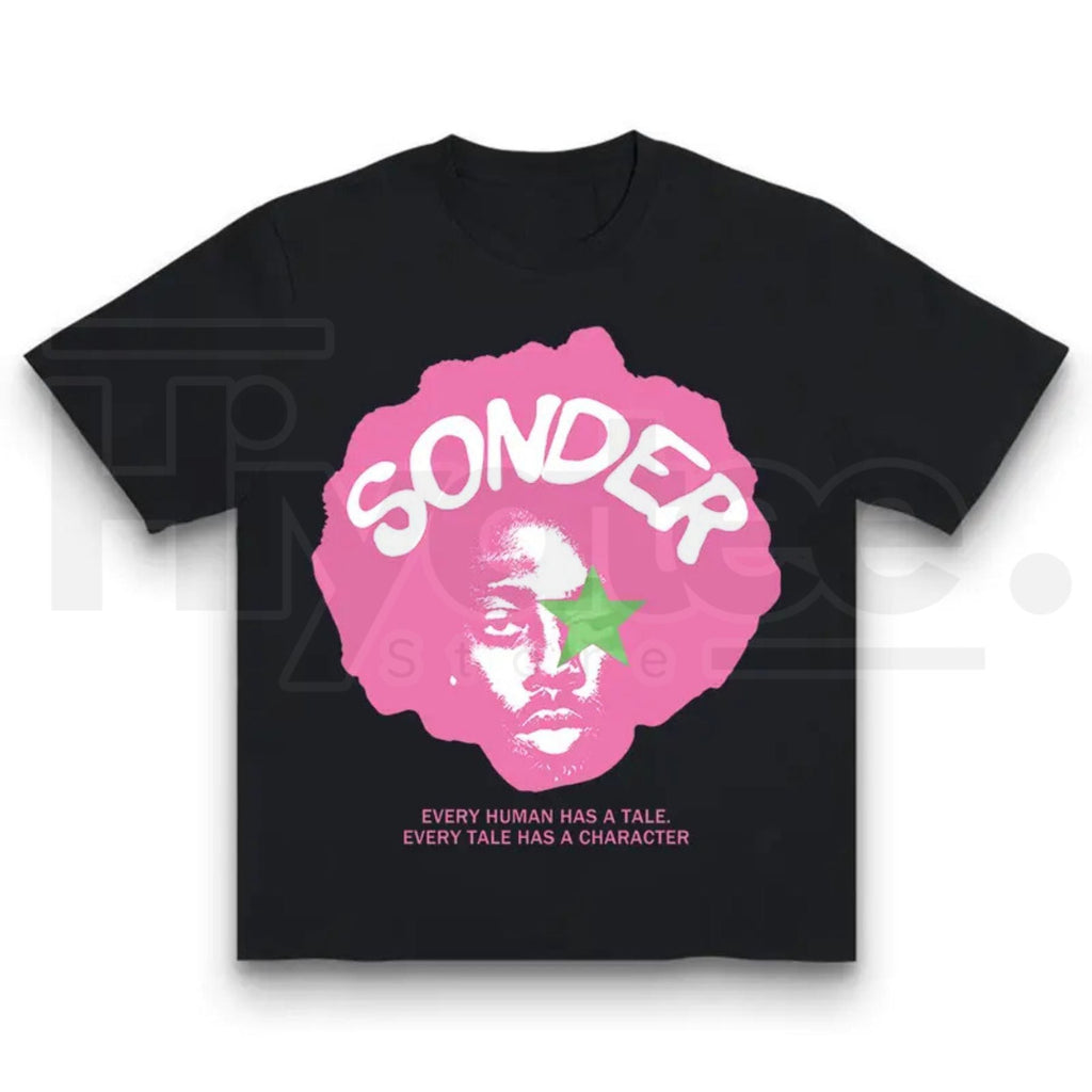 Bold Pink Sonder Lettering Rap Shirt – Geometric Print Streetwear Crewneck