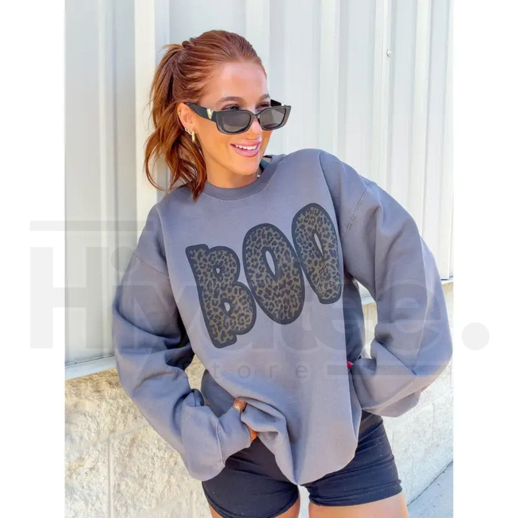 Cheetah Boo Sweatshirt – Cute Leopard Print Ghost Halloween Graphic Crewneck, Cozy Fall Sand Pullover