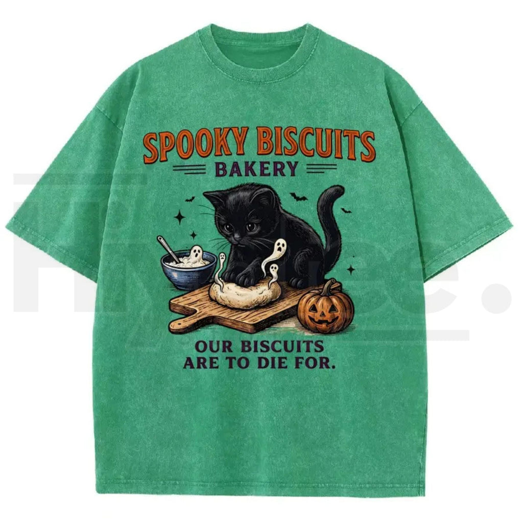 Men's Spooky Biscuits Black Cat Halloween T-Shirt – Vintage Brown Acid-Wash Oversized Cotton Tee