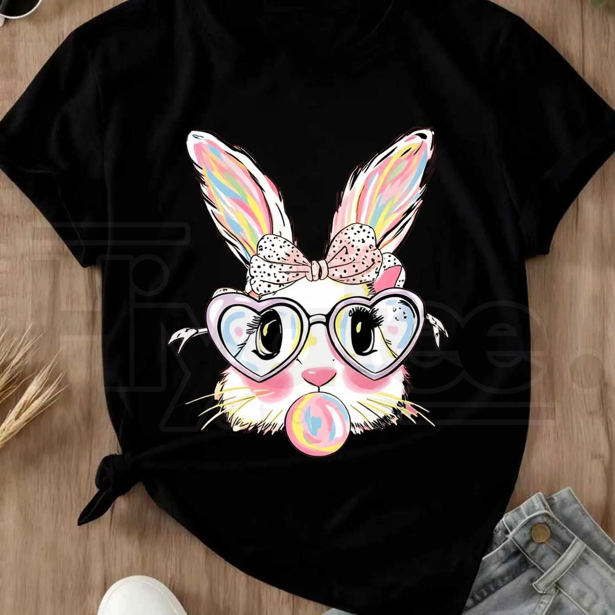 Cute Easter Bunny Bubblegum T-Shirt – Colorful Rabbit with Heart Glasses Tee