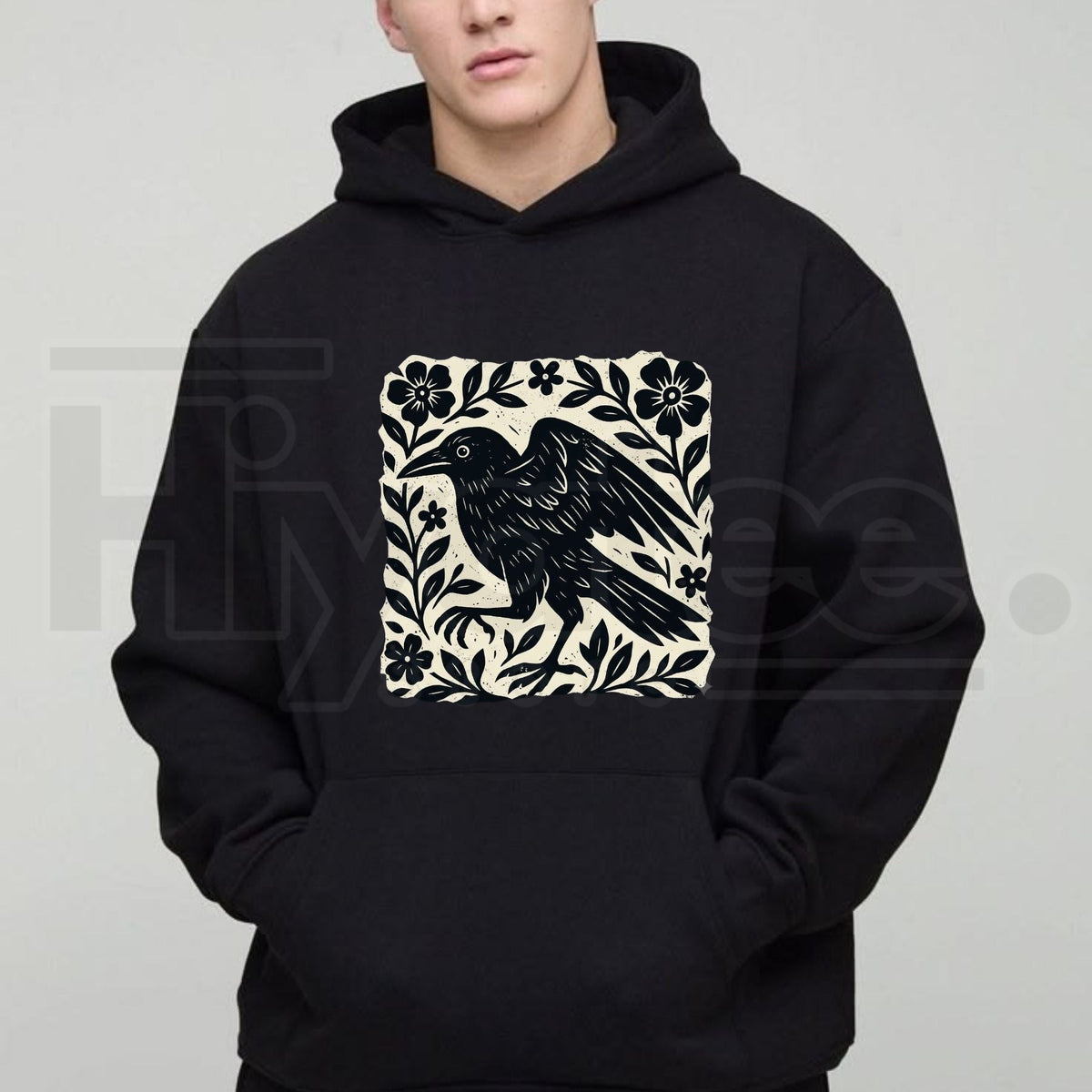 Gothic Raven Linocut Dark Academia Hoodie