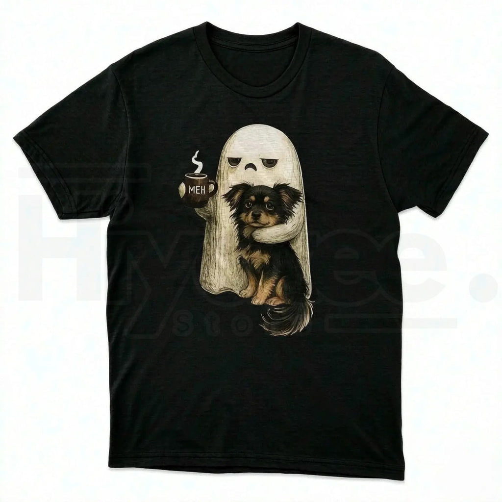 Ghost Cat Halloween T-Shirt – Spooky Black Cat & Coffee Lover Graphic Tee