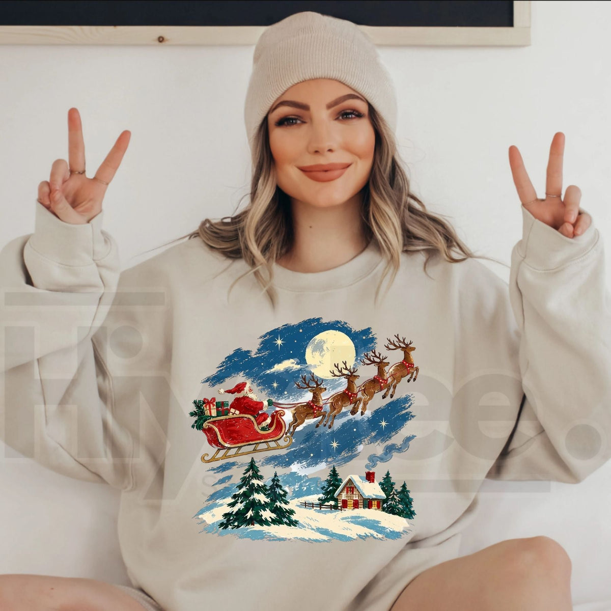 Vintage Santa Sleigh Reindeer Christmas Sweatshirt, Snowy Cottage Winter Holiday Pullover