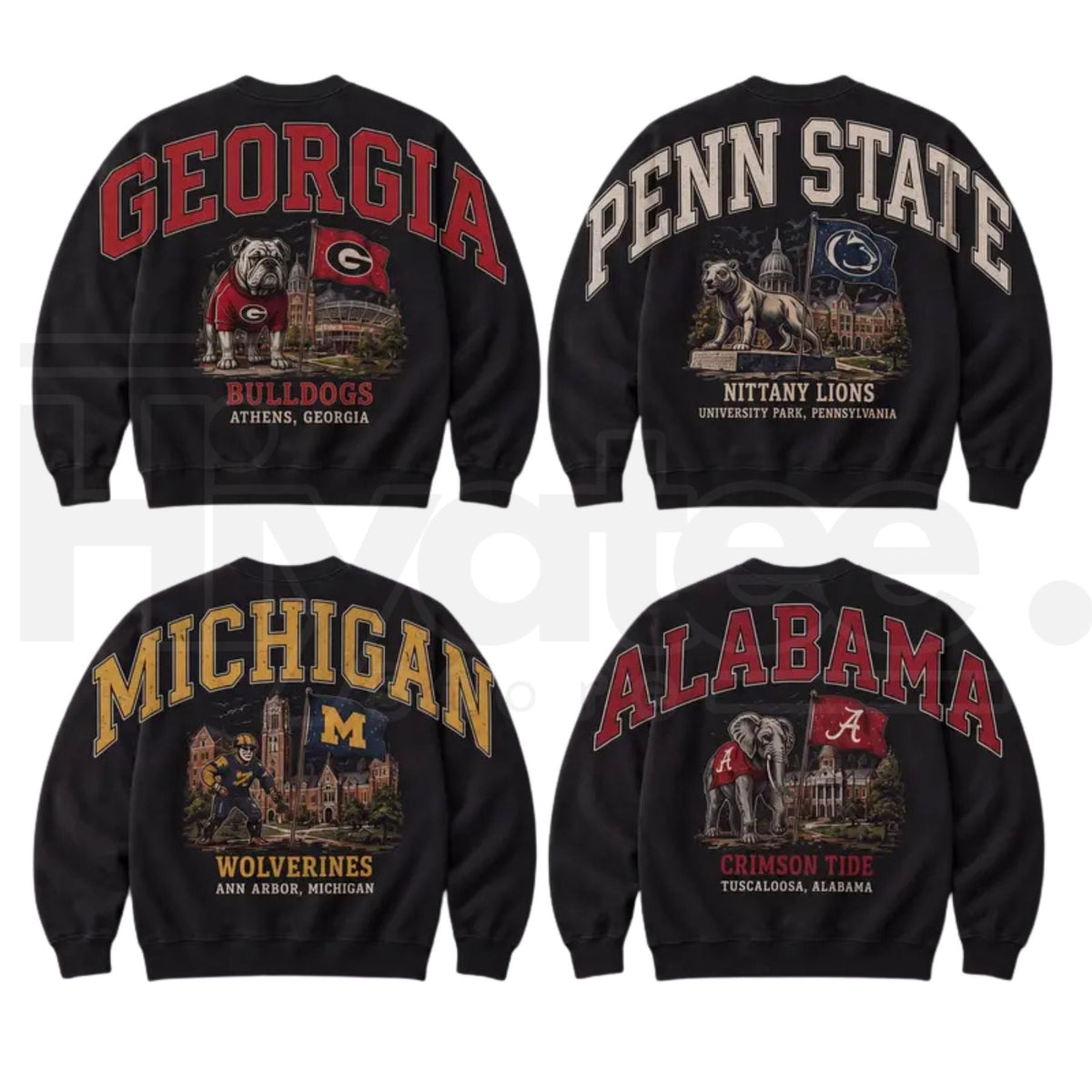 Vintage College Mascot Shoulder Back Print Black Sweatshirt – Retro University Stadium Graphic Crewneck, 90s Game Day Pullover