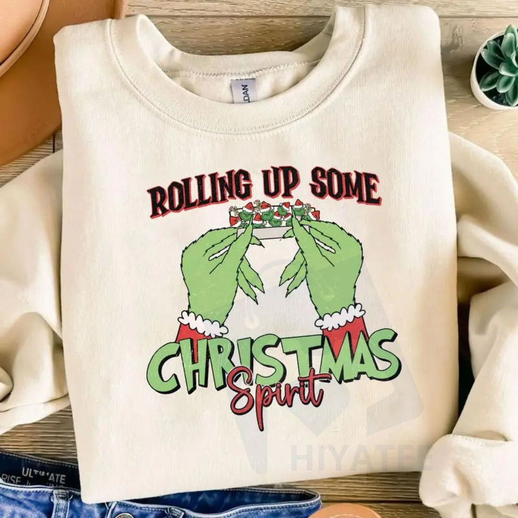 "Rolling Up Some Christmas Spirit" Sweatshirt – Funny Holiday Graphic Sweatshirt, Smoking Christmas Slogan Pullover, Edgy Xmas Gift