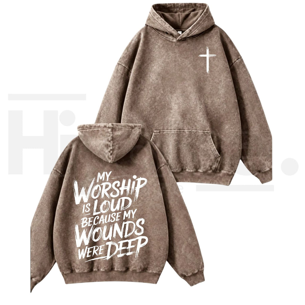 My Worship Is Loud Heavyweight Washed Hoodie – Vintage Graphic Christian Sweatshirt