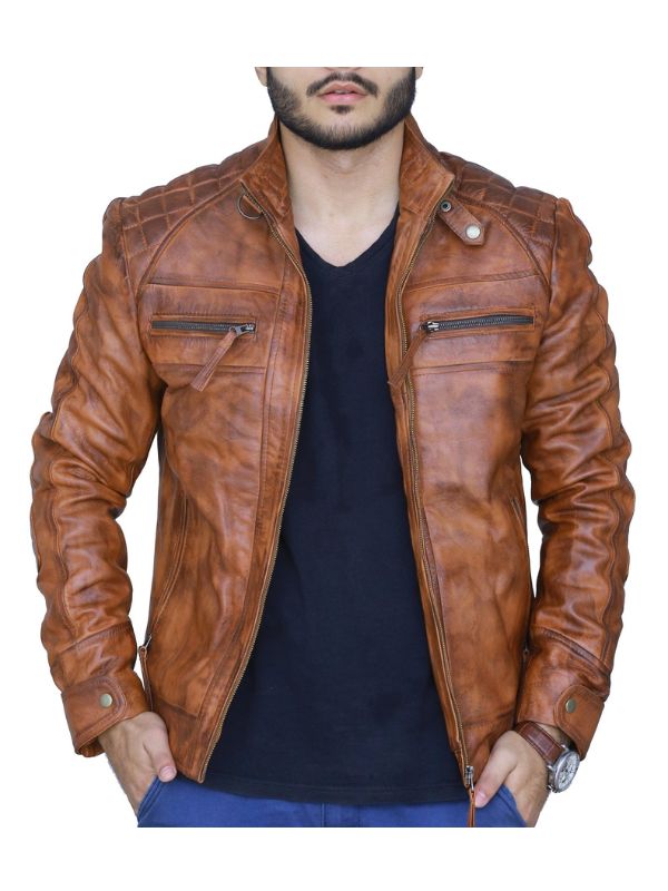 Men's Brown Tan Diamond Leather Biker Jacket