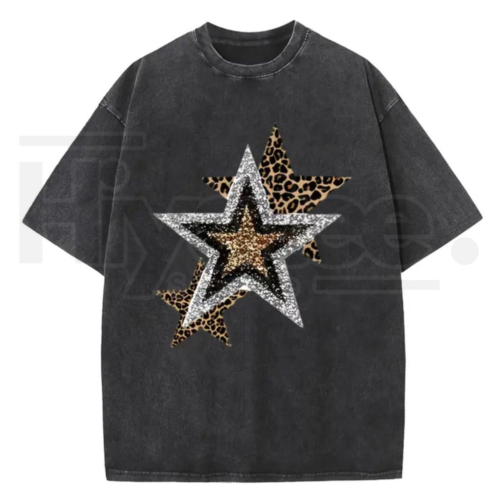 Holafish Outing Street Tee – Acid Wash Leopard Star Graphic Unisex T-Shirt