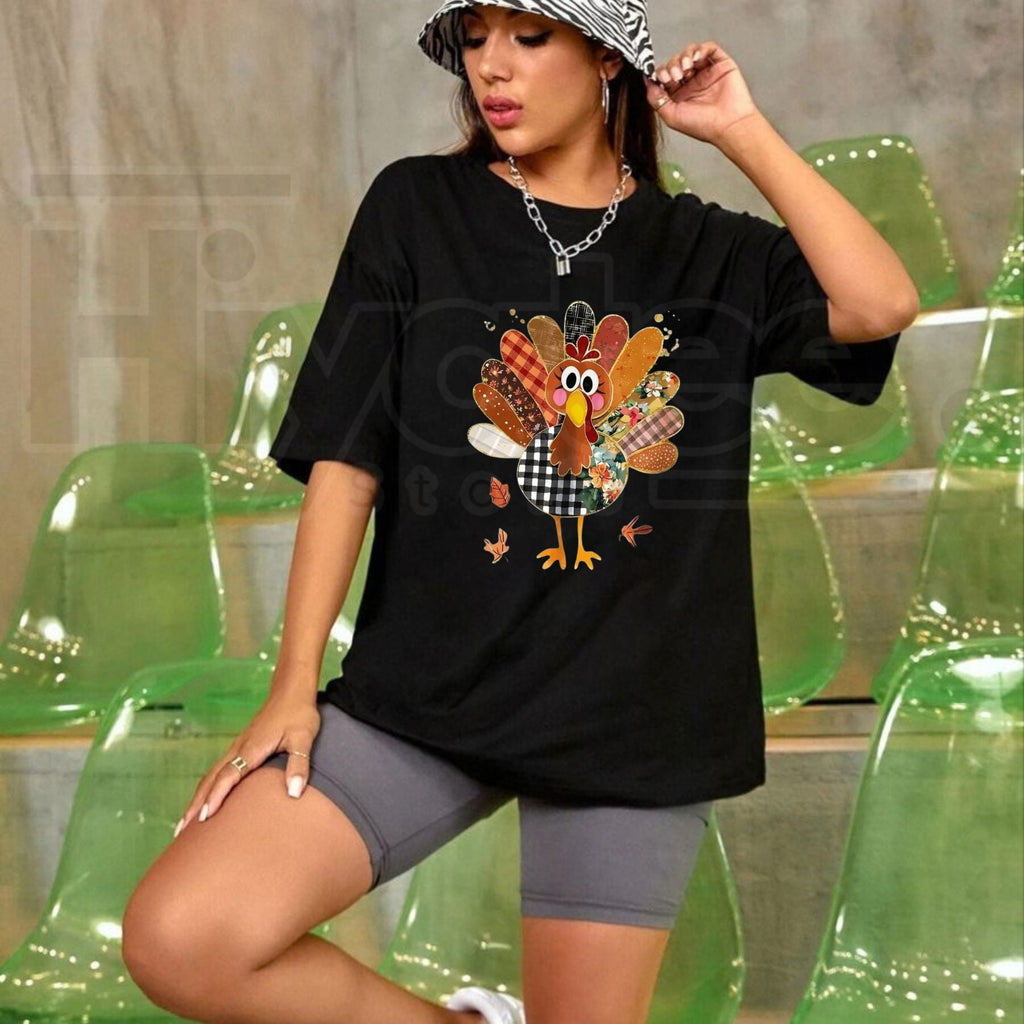Thanksgiving Patchwork Turkey T-Shirt – Cute Fall Maple Leaf Graphic Tee