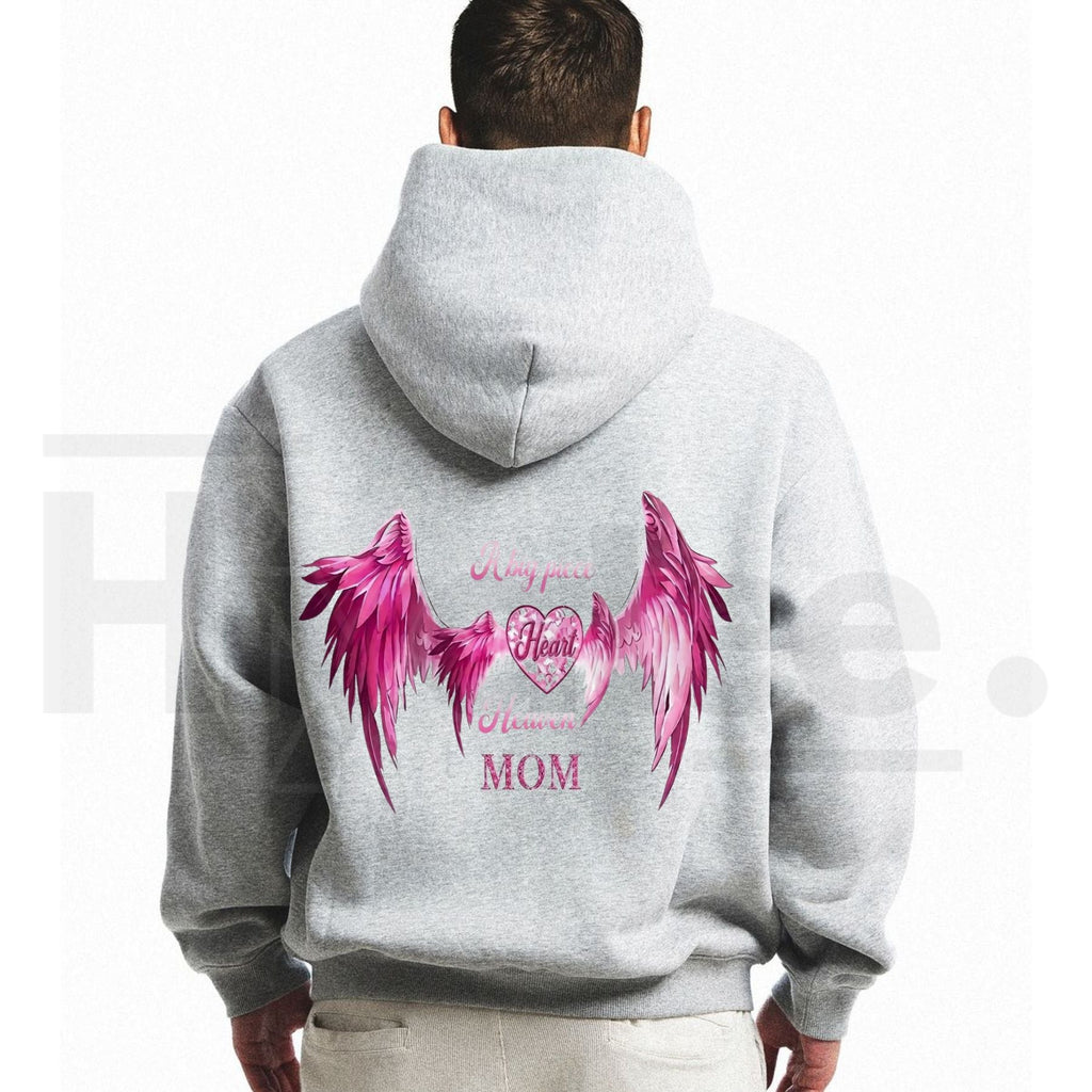 Women’s A Big Piece Of My Heart Lives In Heaven Mom Memorial Back Print Hoodie – Pink Angel Wings Heart Graphic Sweatshirt