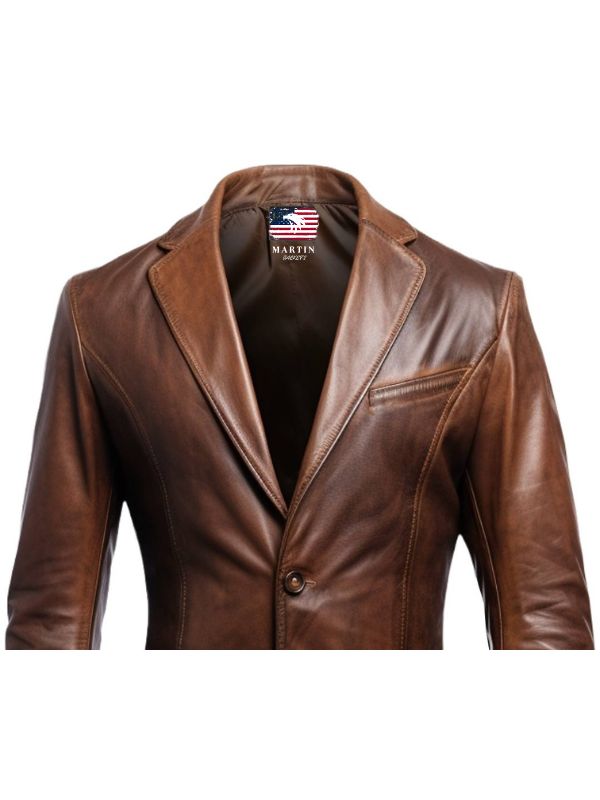 Men's Dark Brown Leather Blazer with Distressed Finish