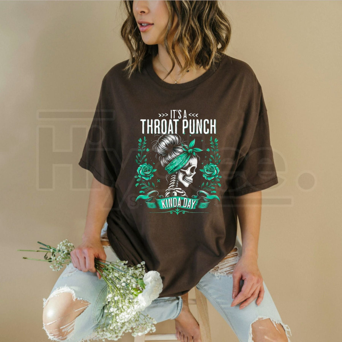 "Throat Punch Kinda Day" – Edgy Skull & Roses Graphic Top