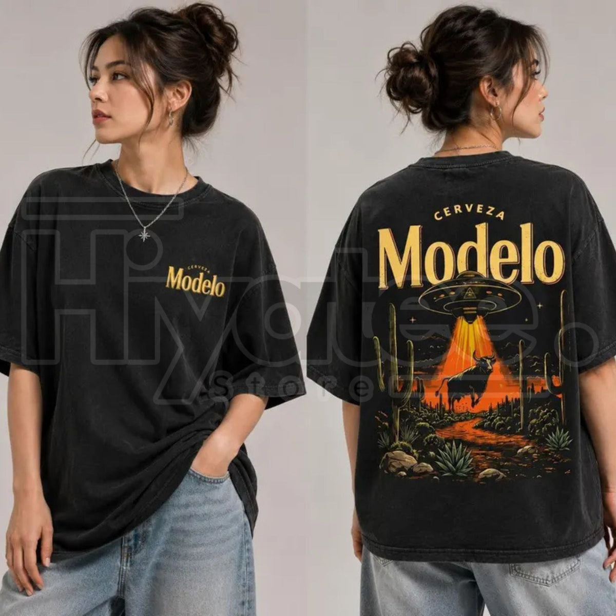 Cerveza Modelo "Desert Abduction" Vintage T-Shirt – Retro UFO & Bull Graphic Tee
