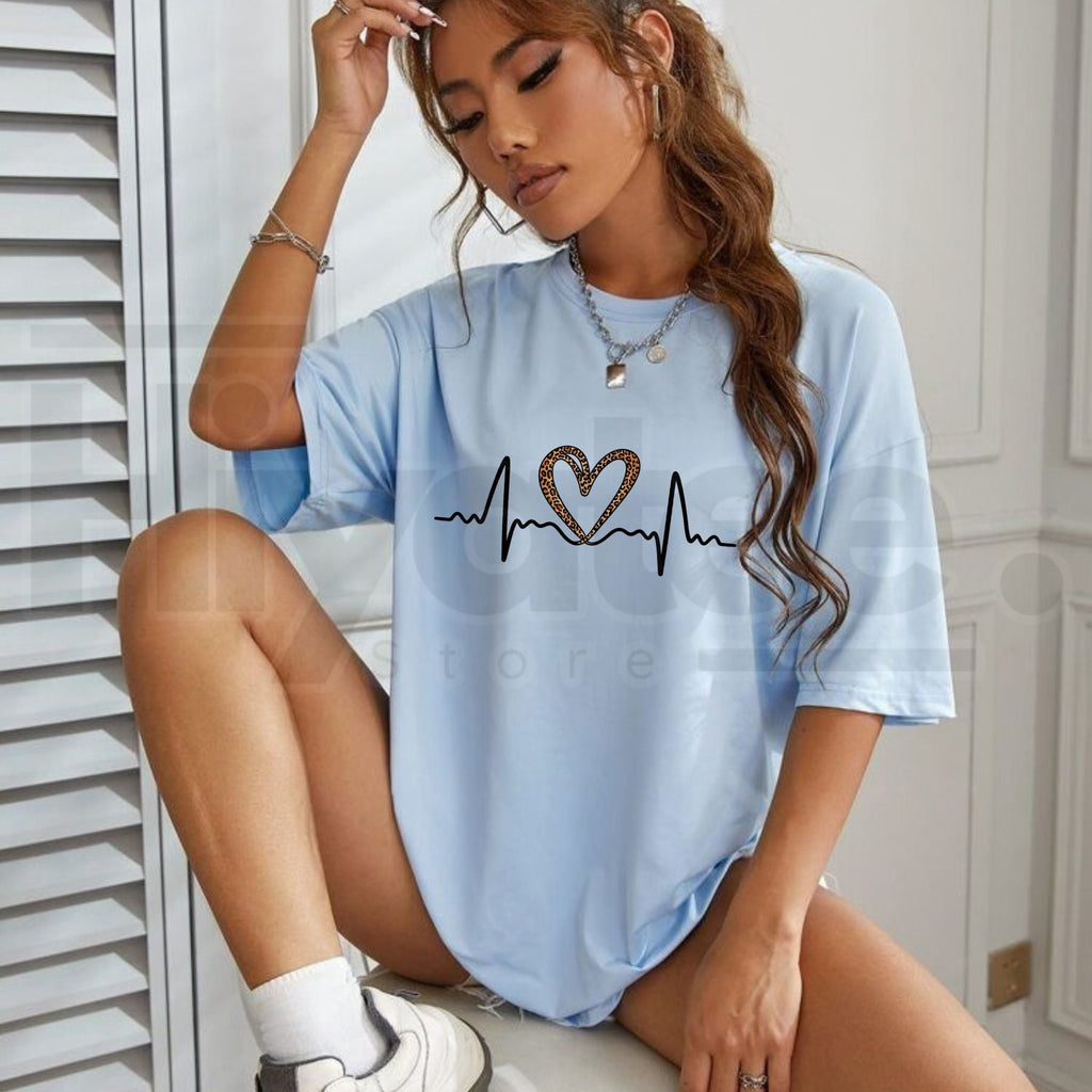Unisex Leopard Heart ECG Graphic T-Shirt – Oversized Casual Streetwear Short Sleeve Tee