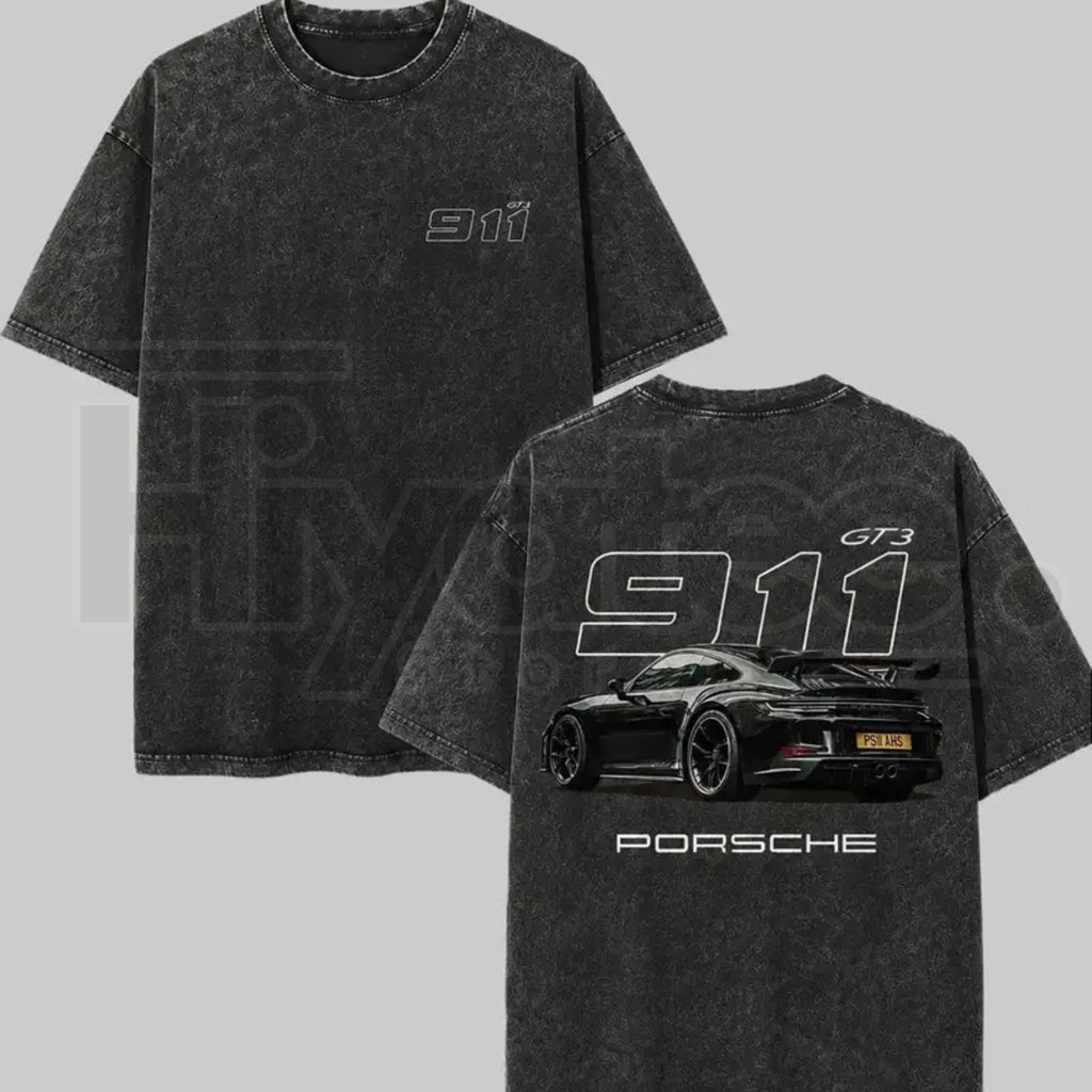 Heavyweight Vintage Washed Grey Porsche 911 GT3 Graphic T-Shirt – Retro German Supercar Track Day Tee
