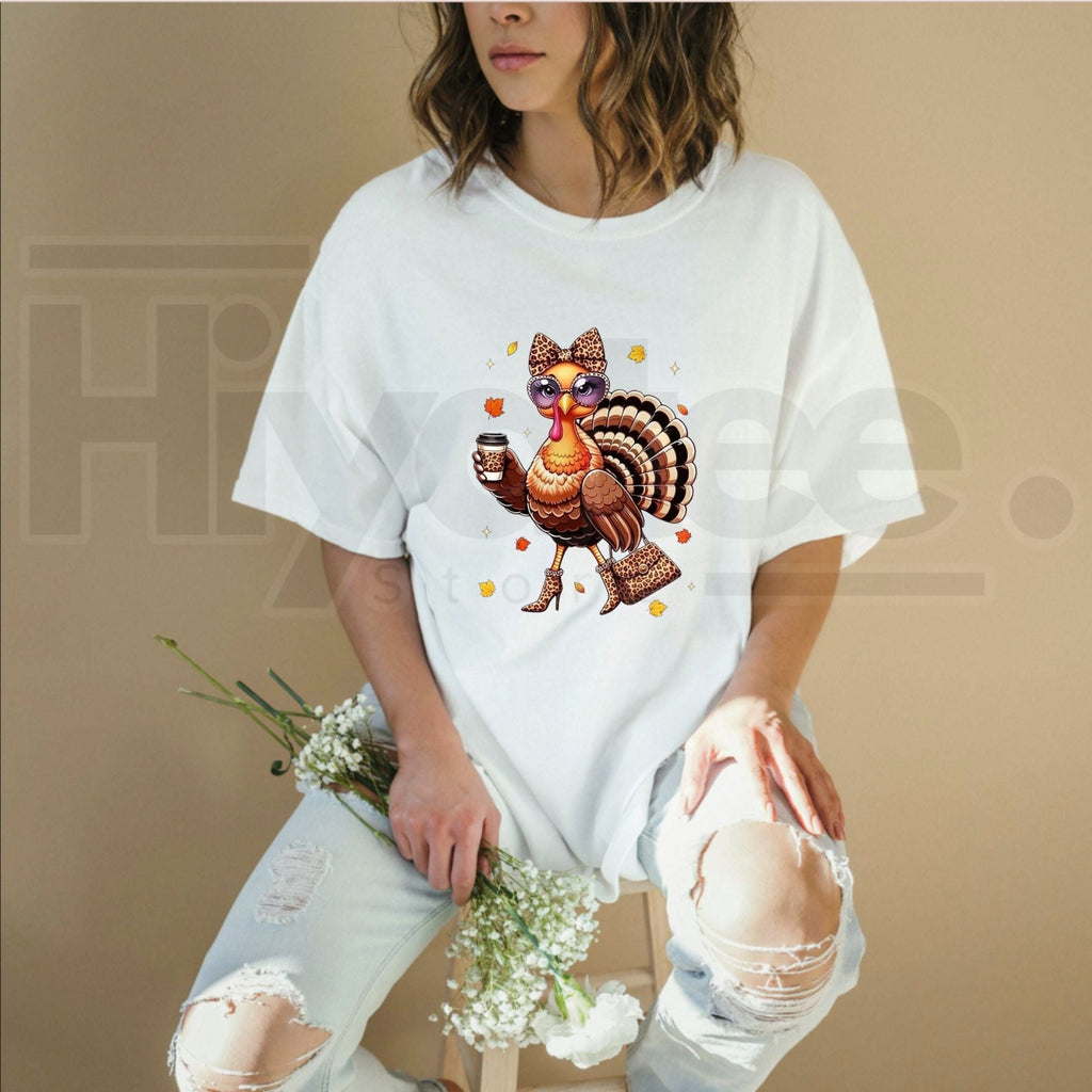 Women's Leopard Turkey Drinking Coffee T-Shirt – Festive Thanksgiving Day Graphic Tee