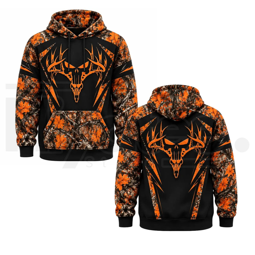 Men’s Camo Deer Skull Graphic Hoodie – Orange Black Color-Block Outdoor Hunting Pullover