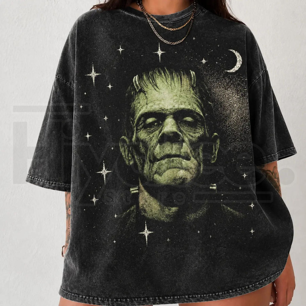 Retro Spooky Celestial Frankenstein & Bride Vintage Acid-Washed T-Shirt – Halloween Oversized Celestial Couple Tee