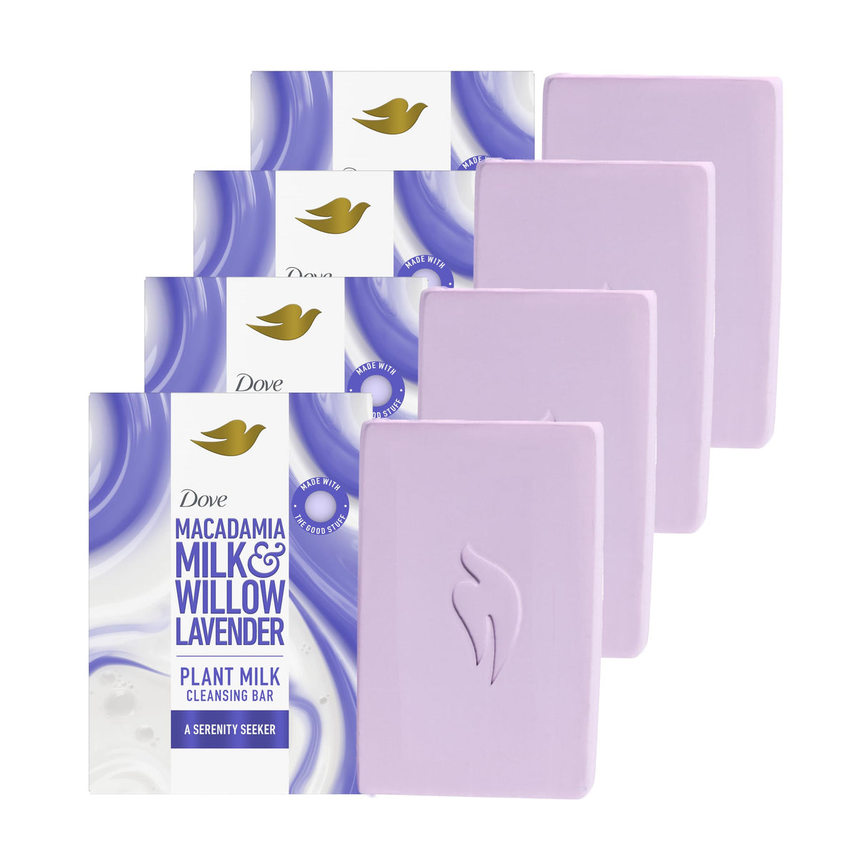 Dove Plant Milk Cleansing Bar Soap Macadamia Milk & Willow Lavender Serenity Seeker 4 Count for Moisturized Skin Gentle Cleanser No Sulfate Cleansers or Parabens 98% Biodegradable Formula 5 oz