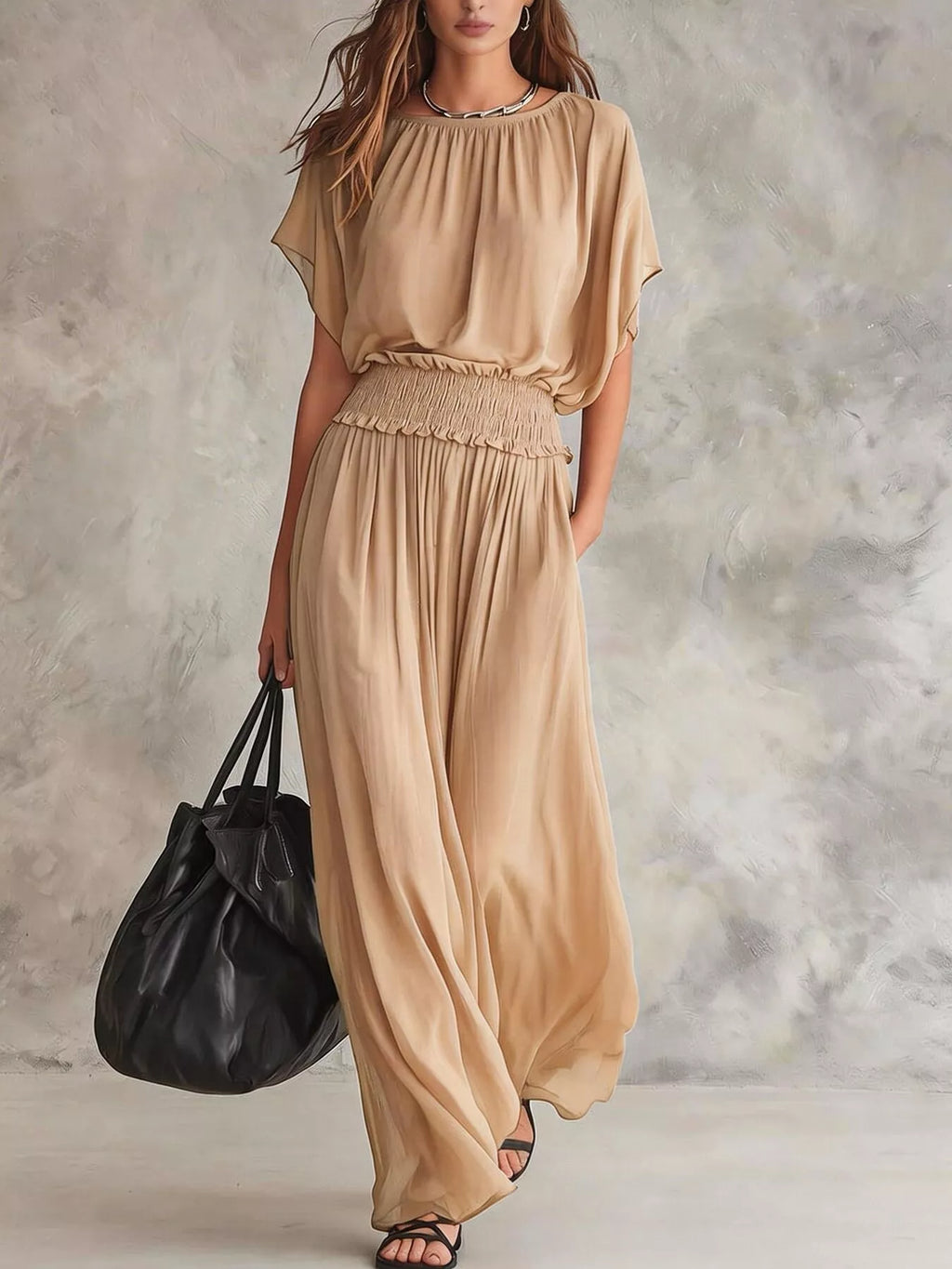 Chiffon Maxi Dress with Smocked Waist