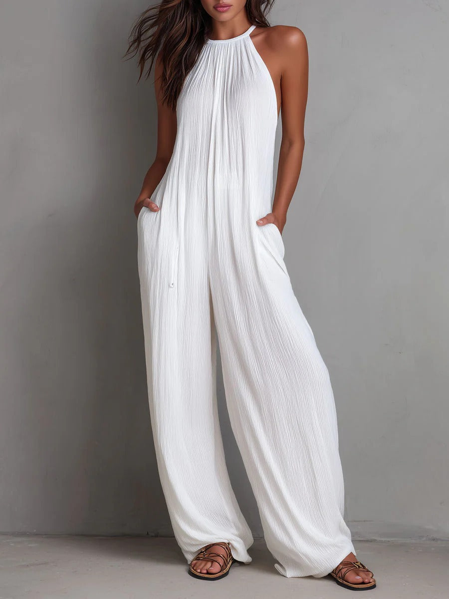 Cross-Border Foreign Trade Women's Clothing European And American Style Halter Neck Sleeveless Vacation Style White Pleated Backless Wide-Leg Jumpsuit