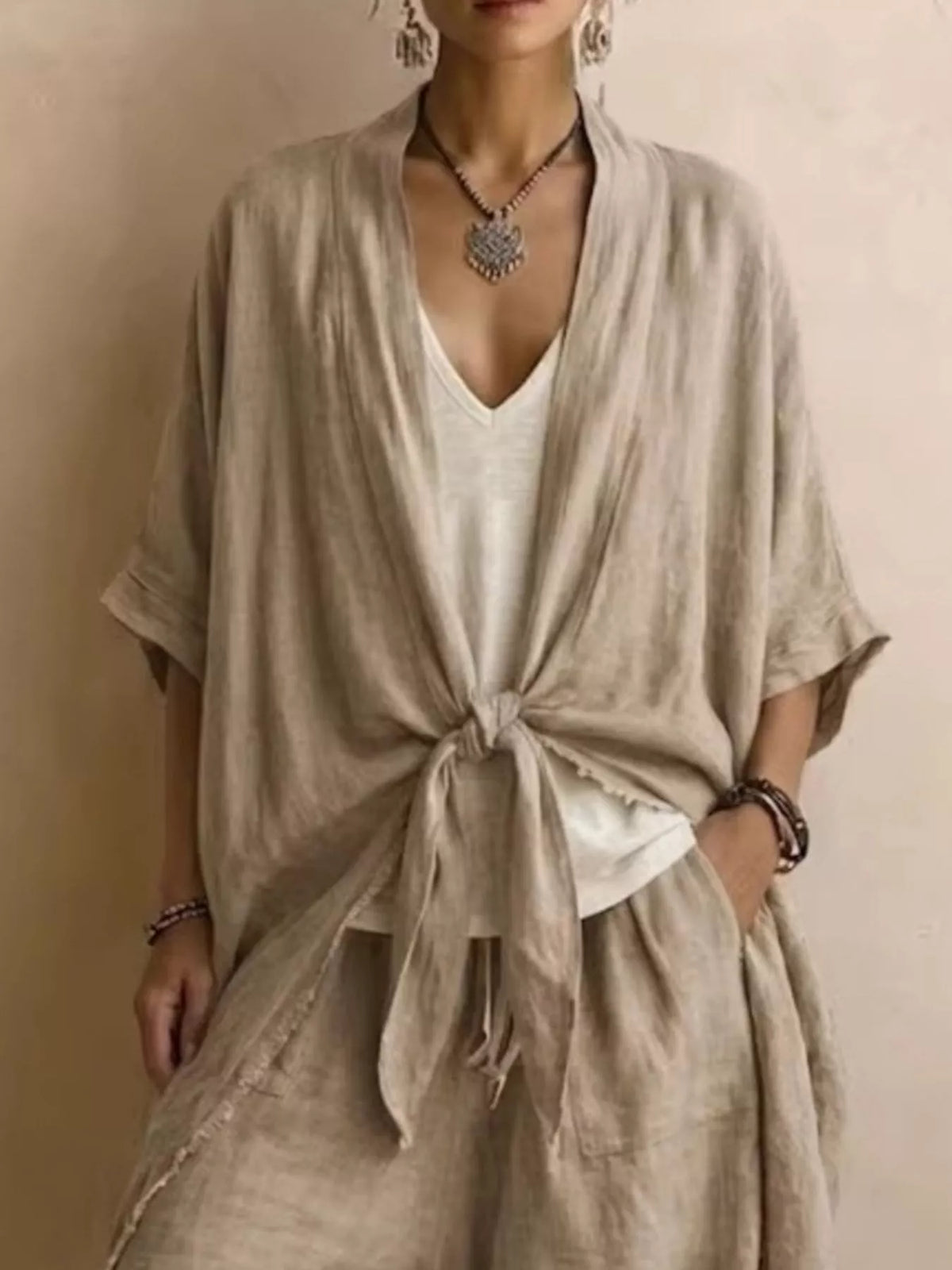 Full Size Tie-Front Cardigan and Wide-Leg Pants Set Plus Size