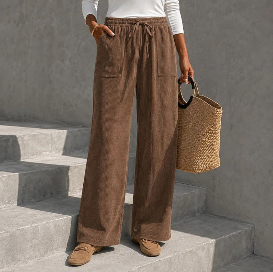 Autumn Winter European And American Cross-Border Women's Corduroy Wide Leg Pants With Elastic Waist And Drawstring, Loose Casual Long Pants