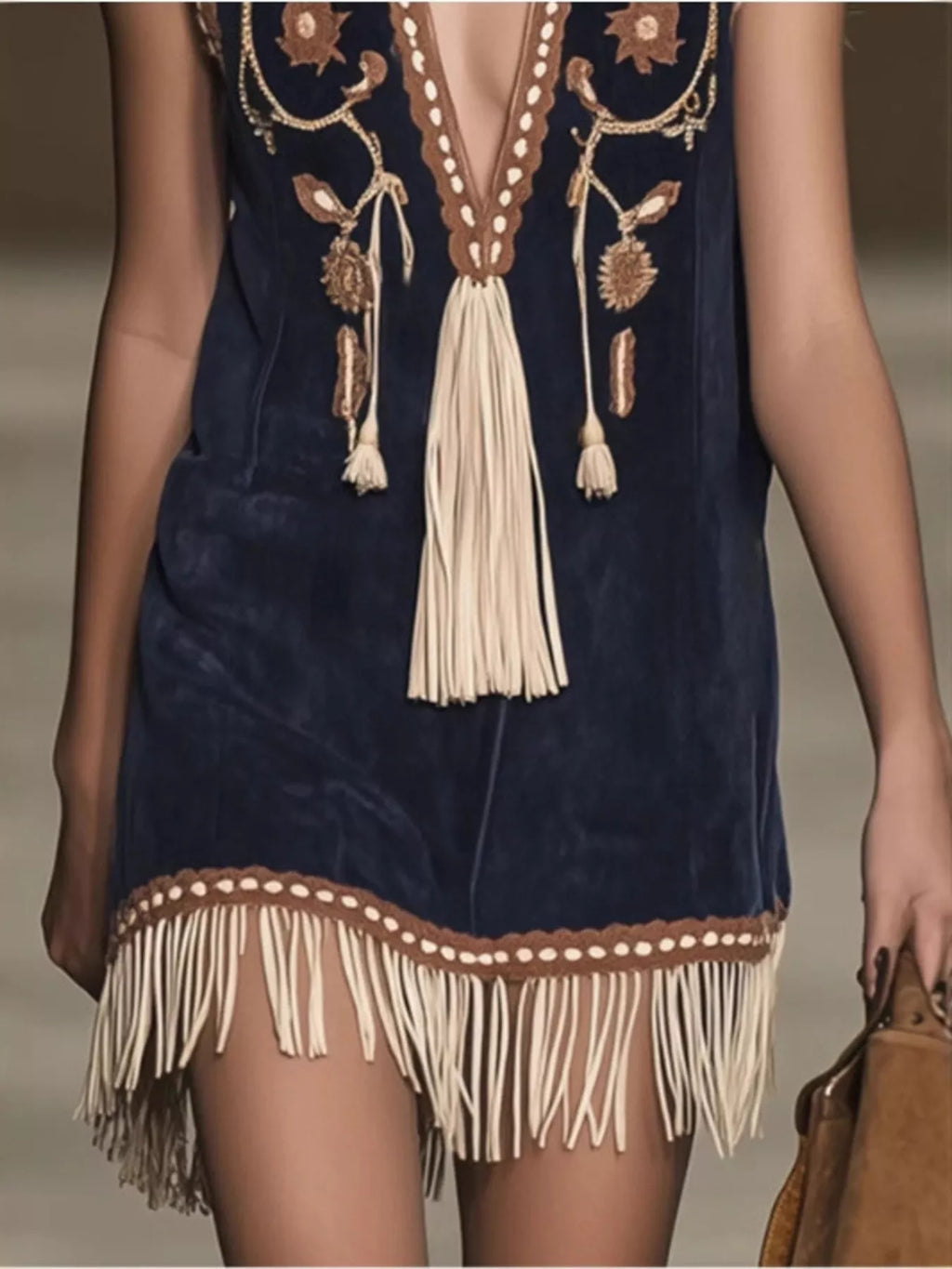 Full Size Embroidered Fringe Hem Sleeveless Dress Plus Size