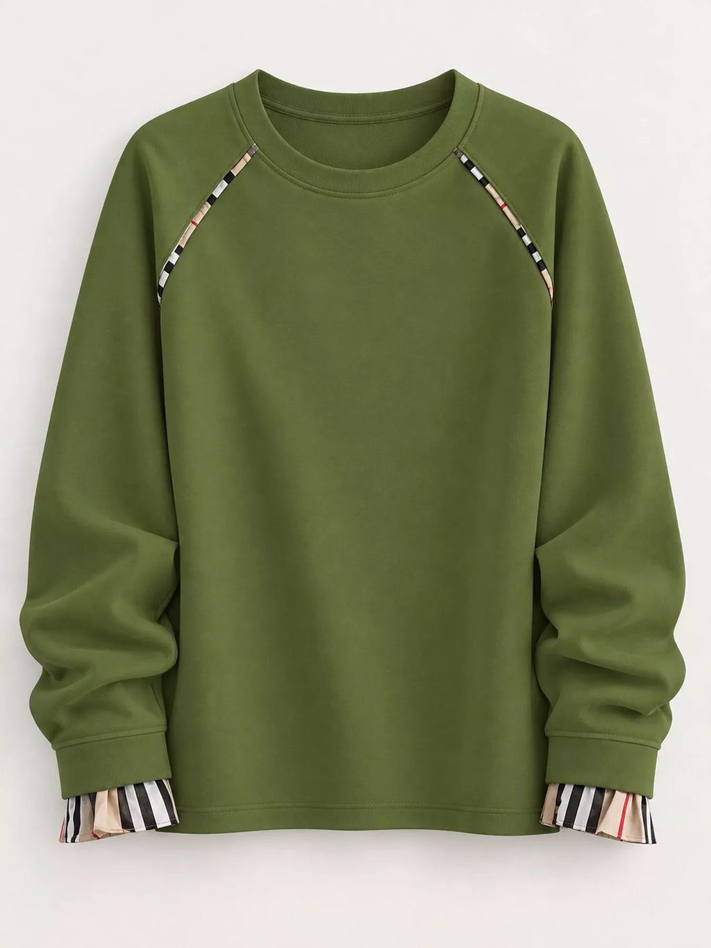 Plaid-Trimmed Crew Neck Sweatshirt