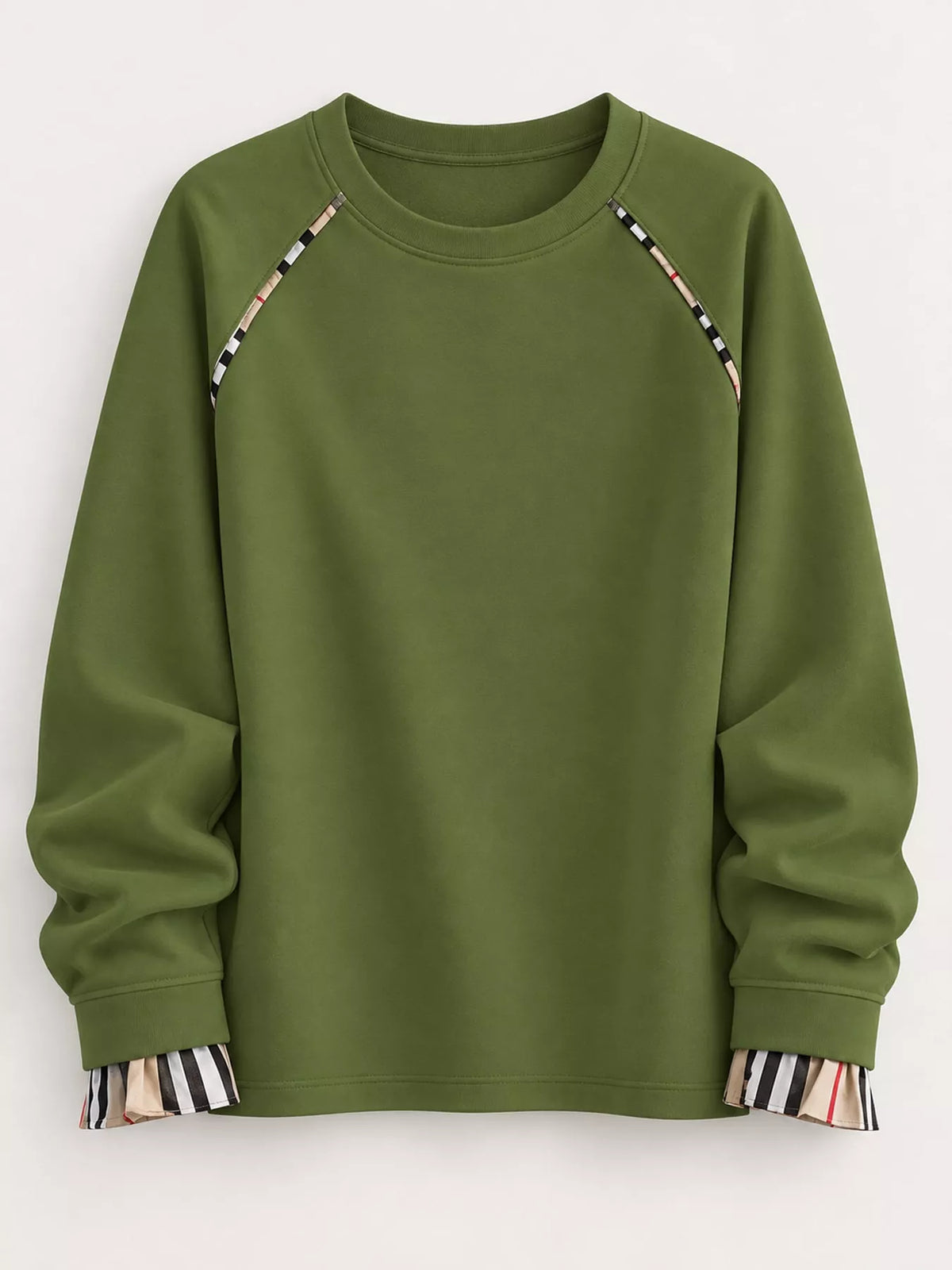 Plaid-Trimmed Crew Neck Sweatshirt