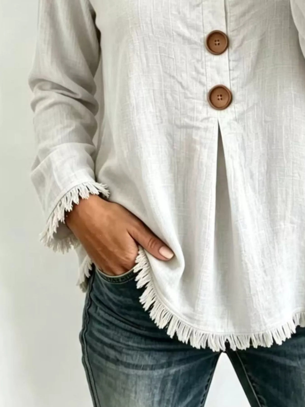 Full Size Casual Half-Button Blouse with Frayed Hem Detail Plus Size