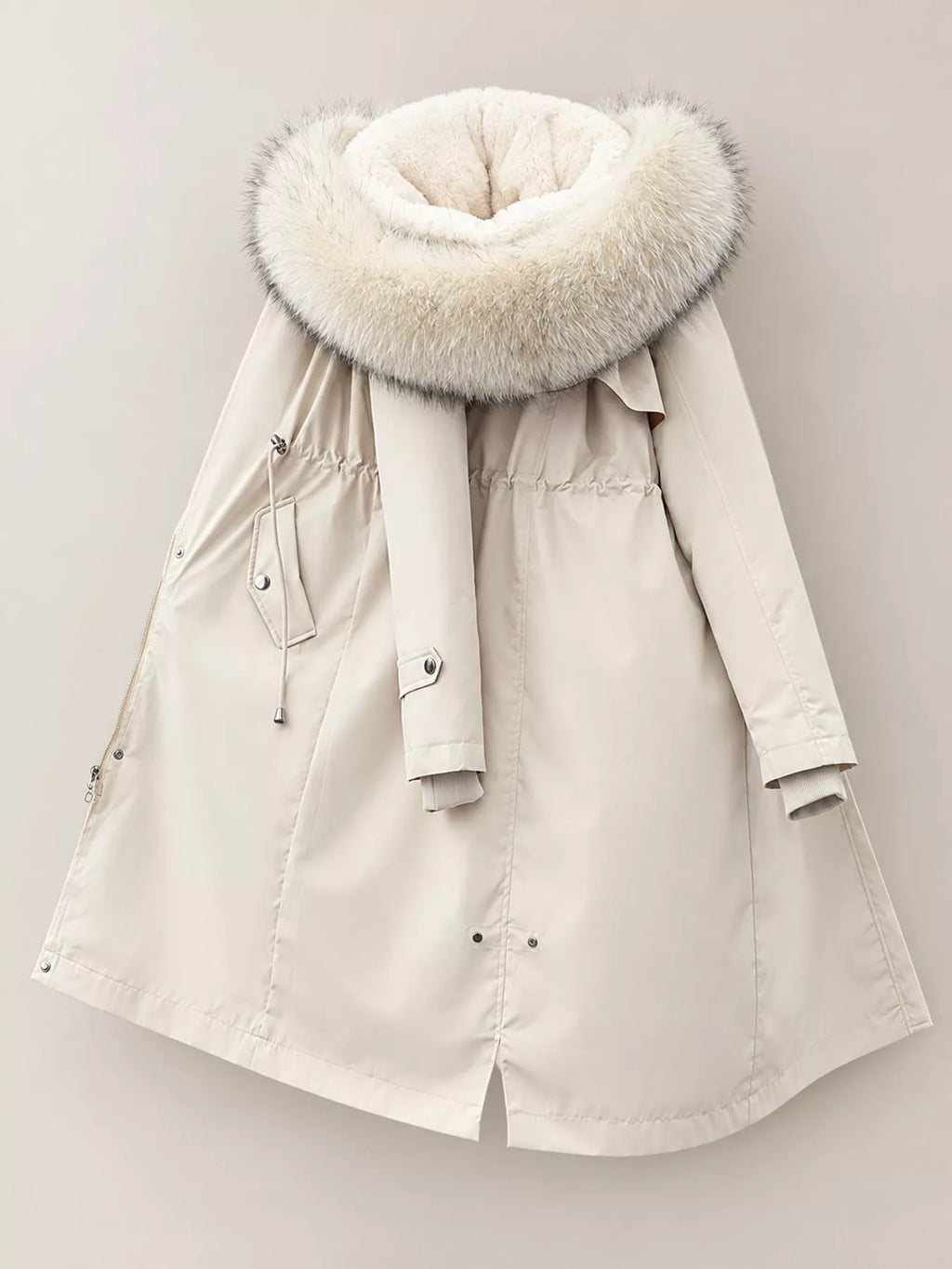 Detachable Longline Hooded Parka with Faux Fur Trim and Drawstring Waist